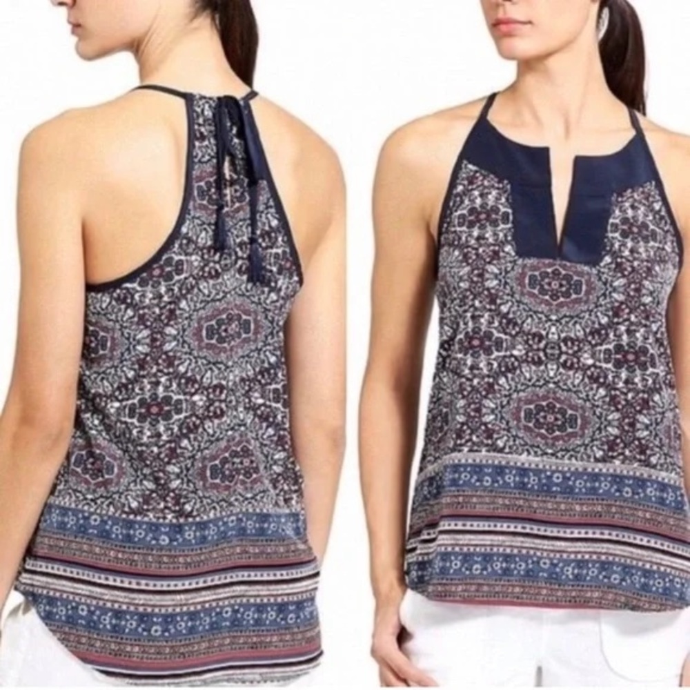Athleta Boho Halter Tank Top Small Navy Red Paisley Tassel‎ Back Festival Summer